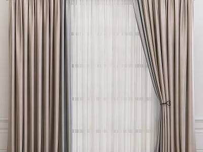 Elegant Double Layer Curtains With Beige Outer Fabric And Sheer Inner Drapery 3d model
