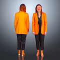 Woman In Orange Blazer And Black Pants Front And Back View On Gray Background