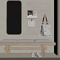 Minimalist Interior Sofa Bench with Mirror Perforated Board Hanging Bag and White Shoes