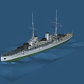 Vintage White And Green Warship Sailing At Sea With Masts Smokestacks And Gun Turrets