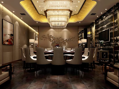 Elegant Modern Private Dining Room Interior With Crystal Chandelier Marble Walls And Dining Table 3d model
