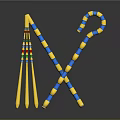 Crossed Ornate Golden Blue Weapon Staffs With Colorful Stripes On Reflective Surface