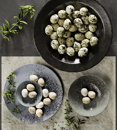 Quail Eggs Arranged On Plates With Greenery 3d model Quail Eggs Arranged On Plates With Greenery 3d model