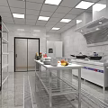 Commercial Kitchen Interior With Stainless Steel Appliances Worktable Range Hood And Storage Shelves