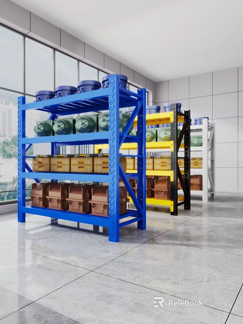 Colorful Storage Shelves With Green Jars Yellow Boxes And Brown Cartons In Indoor Space 3d model 