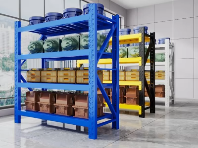 Colorful Storage Shelves With Green Jars Yellow Boxes And Brown Cartons In Indoor Space 3d model