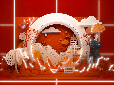 Chinese Style Autumn Group Photo Check in Spot With Neon Lights 3d model