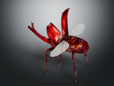 Red Beetle Sculpture With Large Forelegs Transparent Wings And Shiny Metallic Body 3d model
