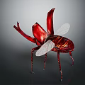 Red Beetle Sculpture With Large Forelegs Transparent Wings And Shiny Metallic Body