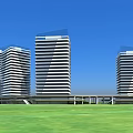 Modern High Rise Office Buildings With Green Spaces Pedestrian Walkways And Urban Design