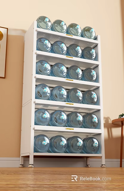 Sturdy Storage Shelving Unit With Multiple Layers Holding Blue Water Buckets 3d model