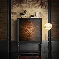 Traditional Console Cabinet With Decorative Door Ornaments And Floor Lamp In Interior