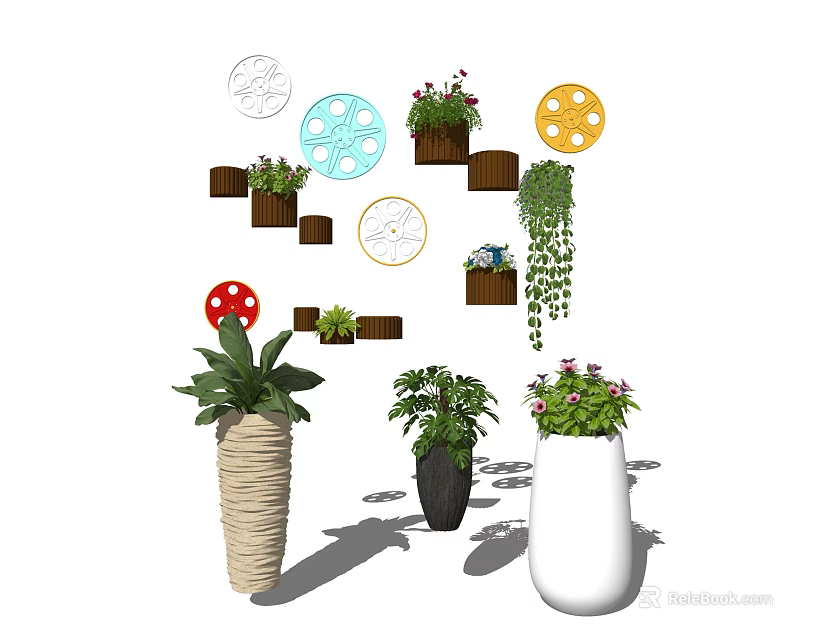 Creative Wall Decor With Circular Decorations Hanging Plants And Wall Mounted Shelves 3d model