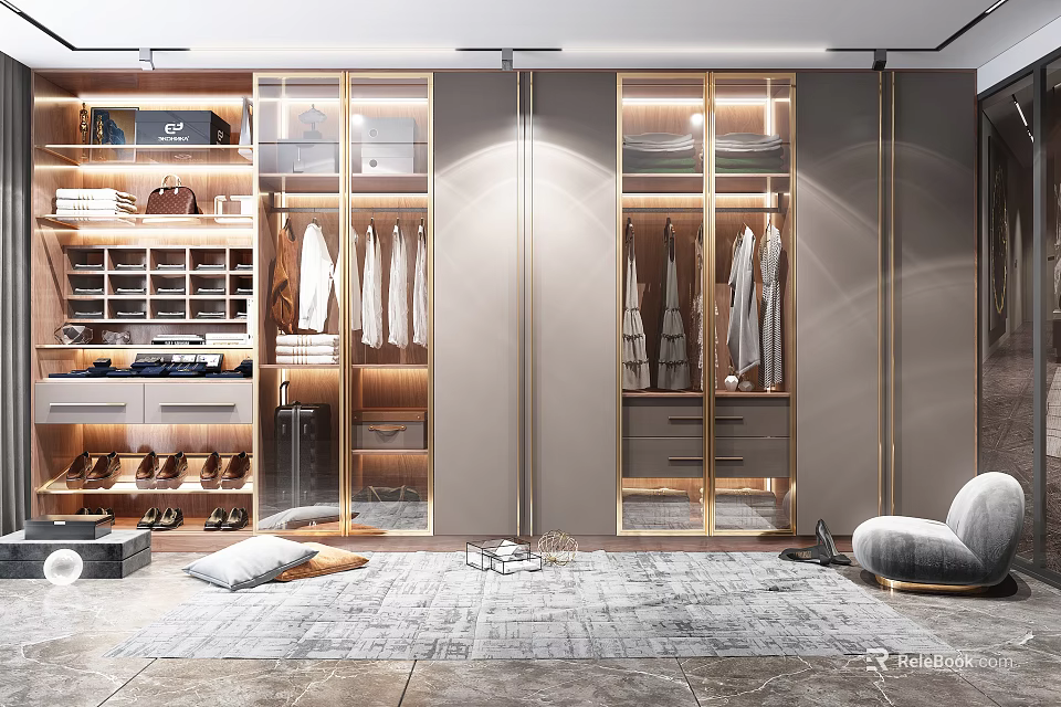 Modern Luxury Closet Interior Design With Glass Doors Metal Frames And Storage Drawers 3d model 