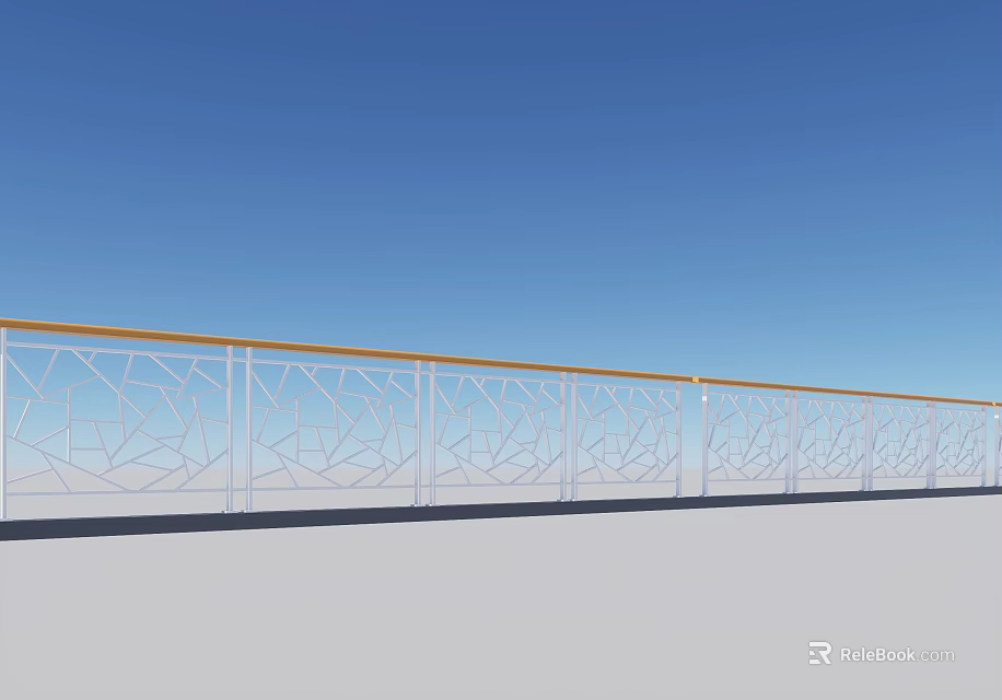 White Metal Railing With Geometric Hollow Design Wooden Top Rail And Blue Sky Background 3d model 