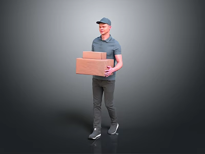 A Man Wearing Cap Walking And Holding Two Cardboard Boxes 3d model