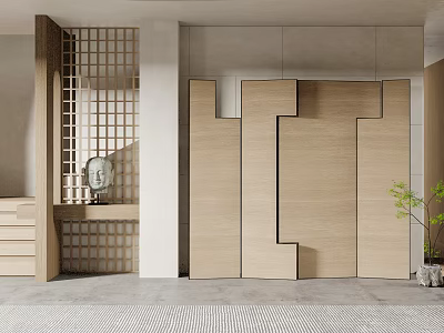 Modern Wooden Partition With Geometric Design In Interior Space With Sculpture And Plant 3d model