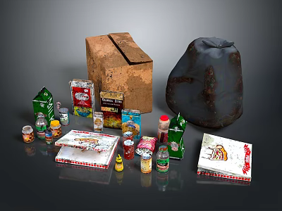 Assorted Food Packages Cans Bottles Wooden Box And Sack Collection 3d model