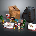 Assorted Food Packages Cans Bottles Wooden Box And Sack Collection