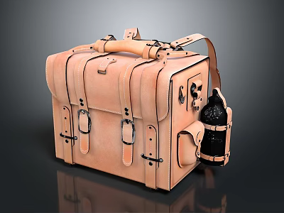 Tan Genuine Leather Case With Top Handle Adjustable Straps Metal Buckles And Attached Pouch 3d model