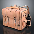 Tan Genuine Leather Case With Top Handle Adjustable Straps Metal Buckles And Attached Pouch