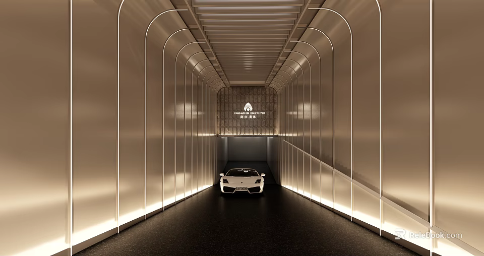 Modern Parking Garage Entrance With Curved Lighting White Sports Car Grilled Ceiling And Signage 3d model 