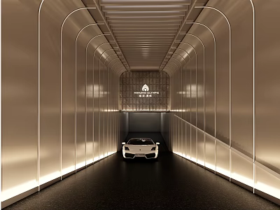 Modern Parking Garage Entrance With Curved Lighting White Sports Car Grilled Ceiling And Signage 3d model