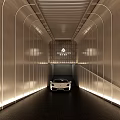 Modern Parking Garage Entrance With Curved Lighting White Sports Car Grilled Ceiling And Signage