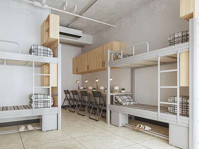 Modern Dormitory Space with Metal Bunk Beds Wooden Cabinets and Dining Tables 3d model