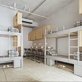 Modern Dormitory Space with Metal Bunk Beds Wooden Cabinets and Dining Tables