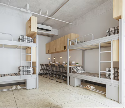 Modern Dormitory Space with Metal Bunk Beds Wooden Cabinets and Dining Tables 3d model