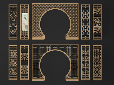 Chinese Style Wooden Partition With Carved Patterns And Circular Arch Design 3d model