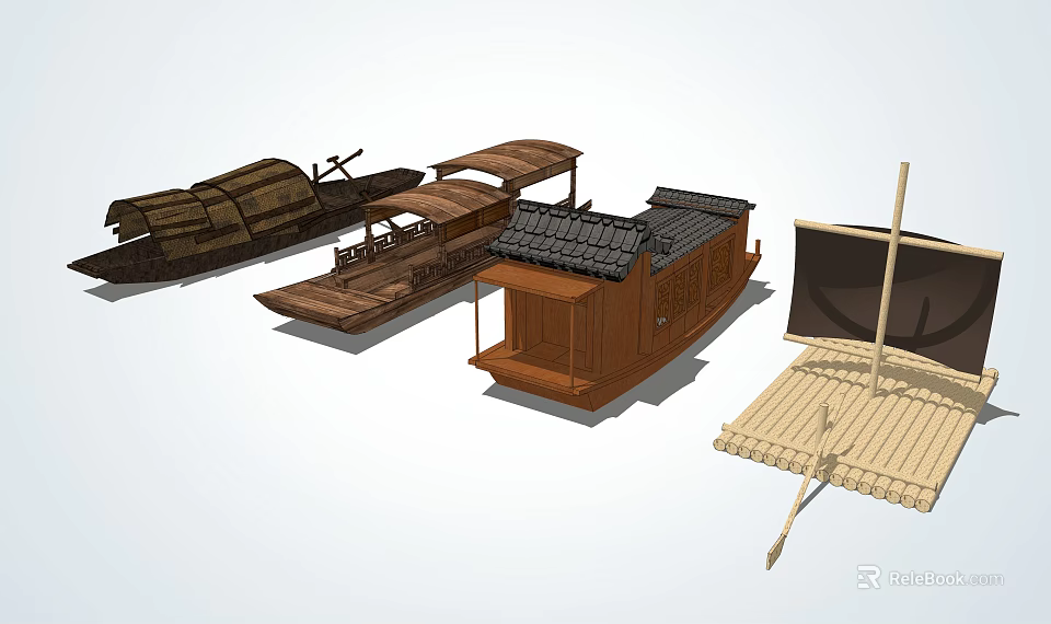 Traditional Wooden Boats In Various Designs With Classic Hulls And Roofed Structures 3d model 