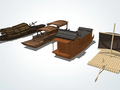 Traditional Wooden Boats In Various Designs With Classic Hulls And Roofed Structures 3d model
