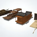 Traditional Wooden Boats In Various Designs With Classic Hulls And Roofed Structures