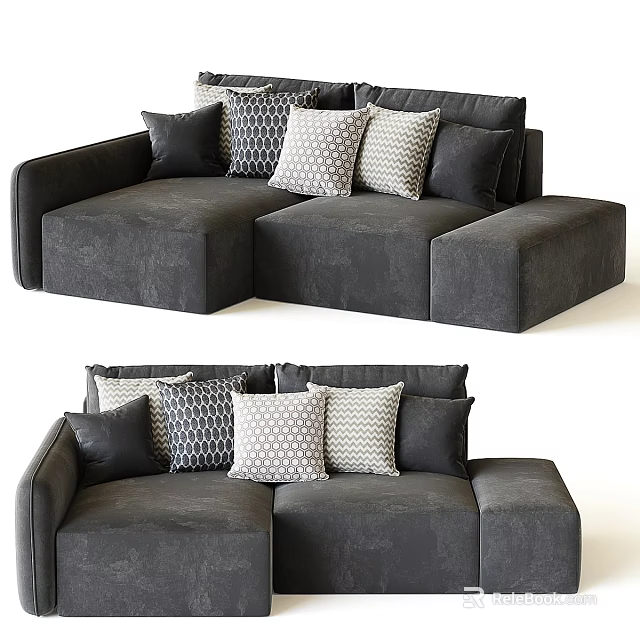 L shaped gray upholstered sectional sofa with multiple decorative pillows in geometric patterns 3d model