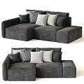 L shaped gray upholstered sectional sofa with multiple decorative pillows in geometric patterns 3d model