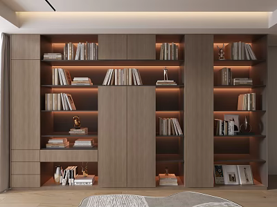 Modern Wooden Built in Bookshelf With Layered Shelves Books Decorations And Lighting 3d model