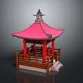 Traditional Chinese Pavilion With Pink Curved Eaves Red Columns And Wooden Railings