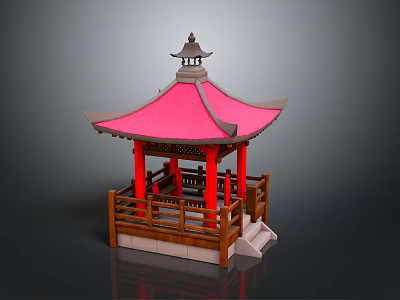 Traditional Chinese Pavilion With Pink Curved Eaves Red Columns And Wooden Railings 3d model