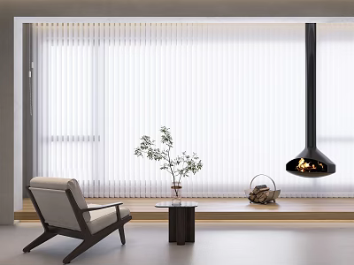 White Vertical Blinds In Modern Living Room With Armchair Table Plant And Lamp 3d model
