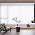 White Vertical Blinds In Modern Living Room With Armchair Table Plant And Lamp