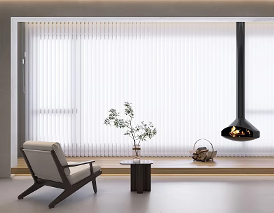 White Vertical Blinds In Modern Living Room With Armchair Table Plant And Lamp 3d model