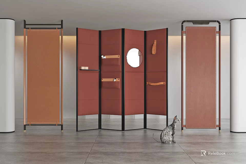 Modern Multi Panel Room Divider Screen With Metal Frame And Mirror Insert Design 3d model