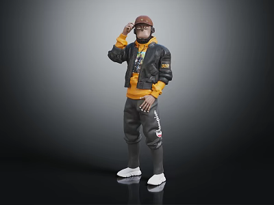 Stylish Character Wearing Brown Hat Black Jacket Yellow Top And Gray Sweatpants 3d model
