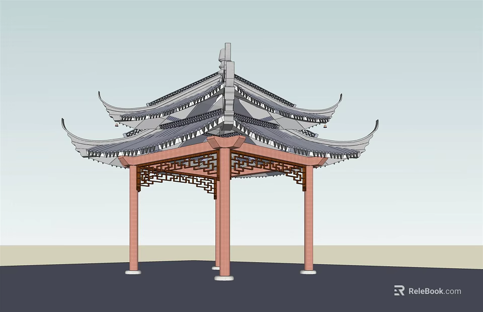 Traditional Chinese Pavilion With Classic Curved Roof Ornate Carvings And Red Pillars 3d model 