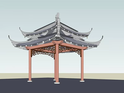 Traditional Chinese Pavilion With Classic Curved Roof Ornate Carvings And Red Pillars 3d model