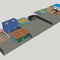 Industrial Construction Equipment Area With Green Concrete Mixers Blue Structures Red White Striped Roof
