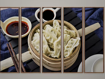 Traditional Steamed Dumplings Served in Bamboo Steamer with Soy Sauce and Chopsticks 3d model