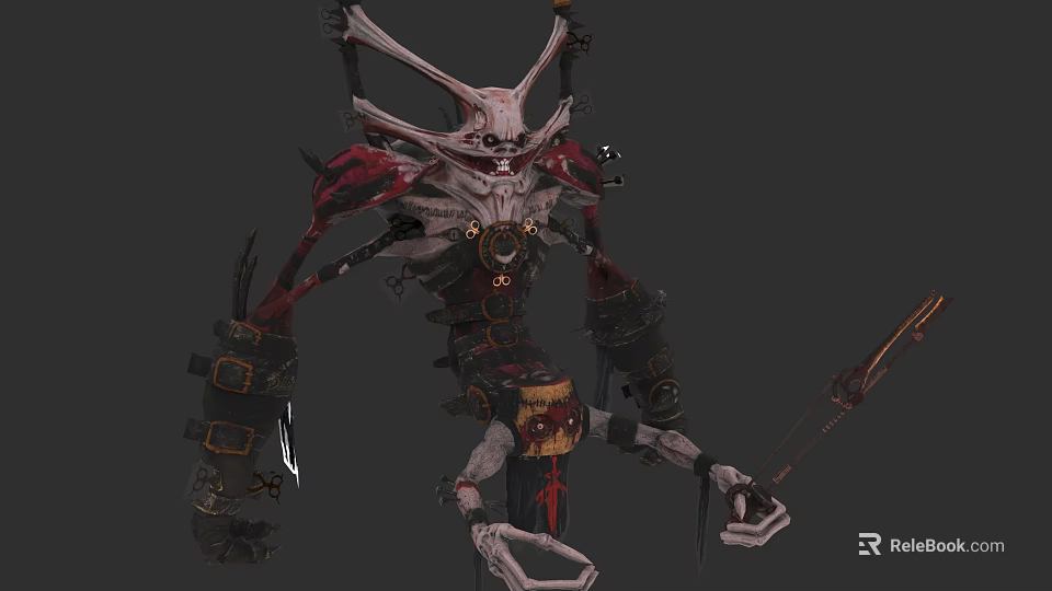 Game Movie Character Mechanical Skeleton Monster With Red Black Armor And Spiked Weapon 3d model 